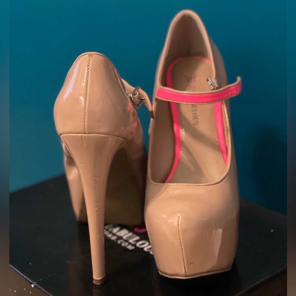 Nude Platform High Heels w/ Neon Pink Strap